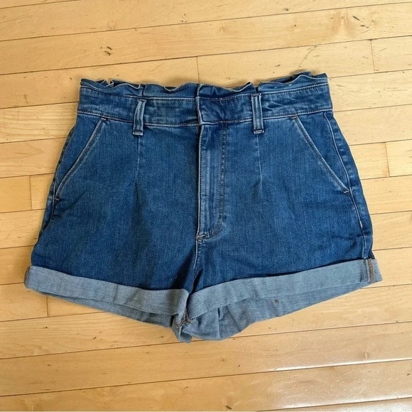 Express Women's sz 10 Shortie Super High Rise Paperbag Waist Blue Denim Shorts - Picture 1 of 8